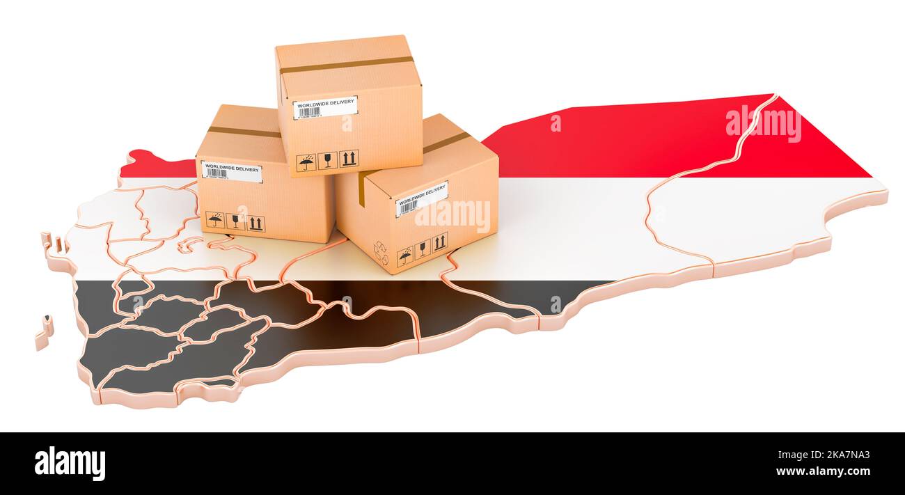 Parcels on the Yemeni map. Shipping in Yemen, concept. 3D rendering