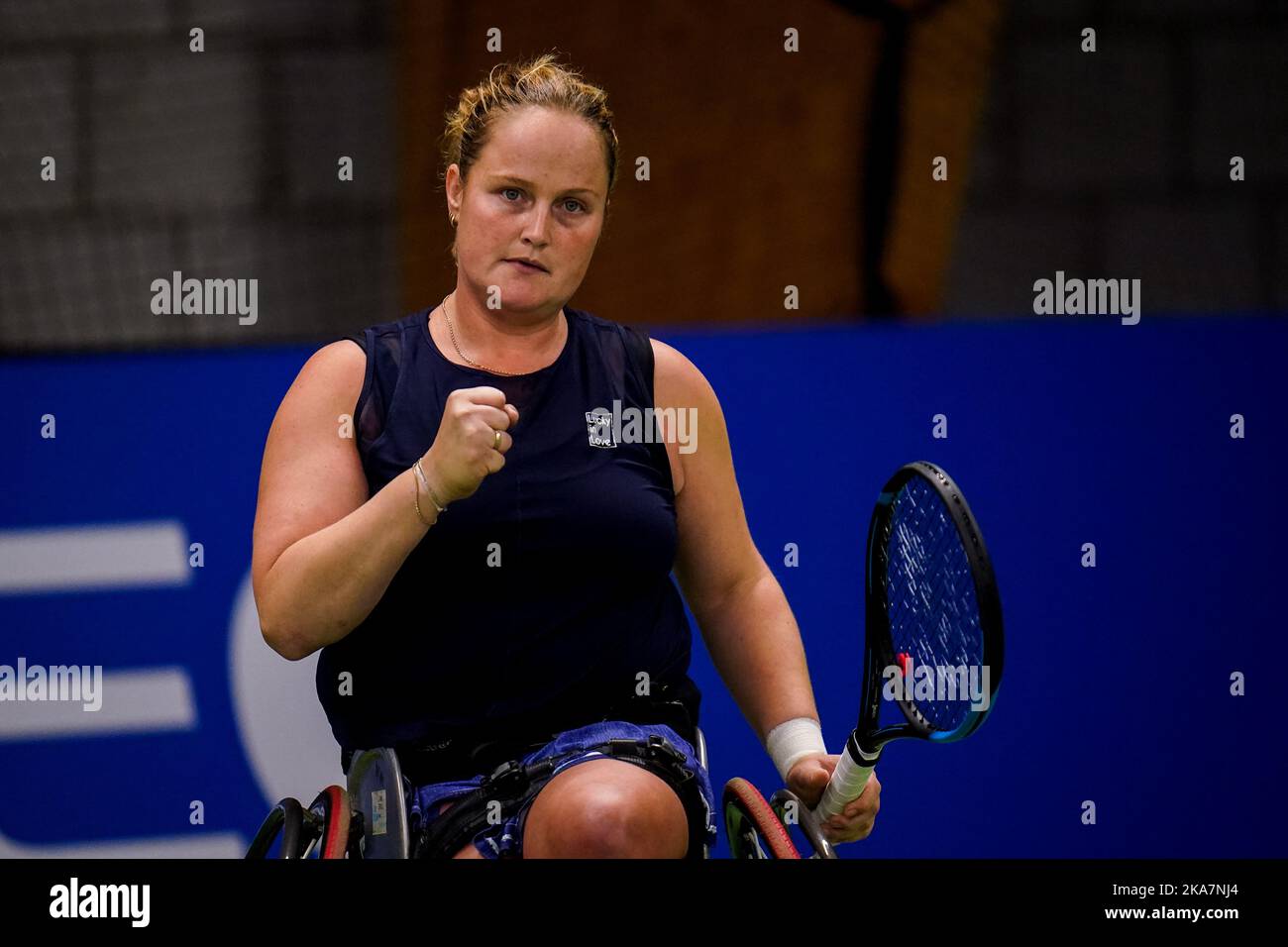 OSS, NETHERLANDS - NOVEMBER 1: Aniek van Koot of the Netherlands celebrates a point in her match against Lucy Shuker of Great Britain during Day 3 of the 2022 ITF Wheelchair Tennis Masters at Sportcentrum de Rusheuvel on November 1, 2022 in Oss, Netherlands (Photo by Rene Nijhuis/Orange Pictures) Stock Photo
