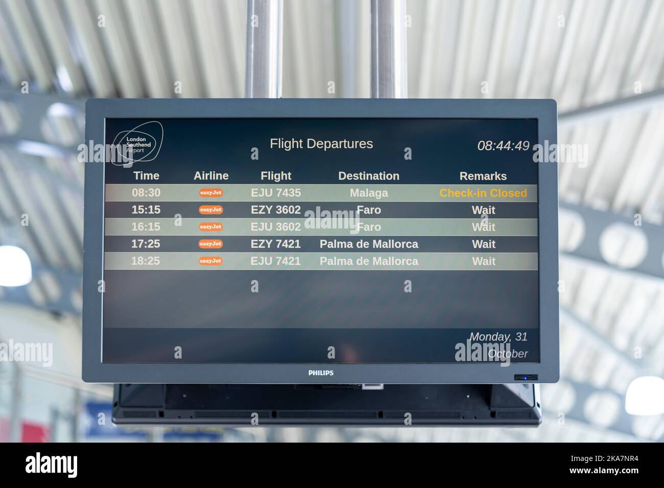 Departures board at London Southend Airport, Southend on Sea, Essex, UK. Last day of easyJet summer flight schedule. Malaga, Faro, Palma de Mallorca Stock Photo