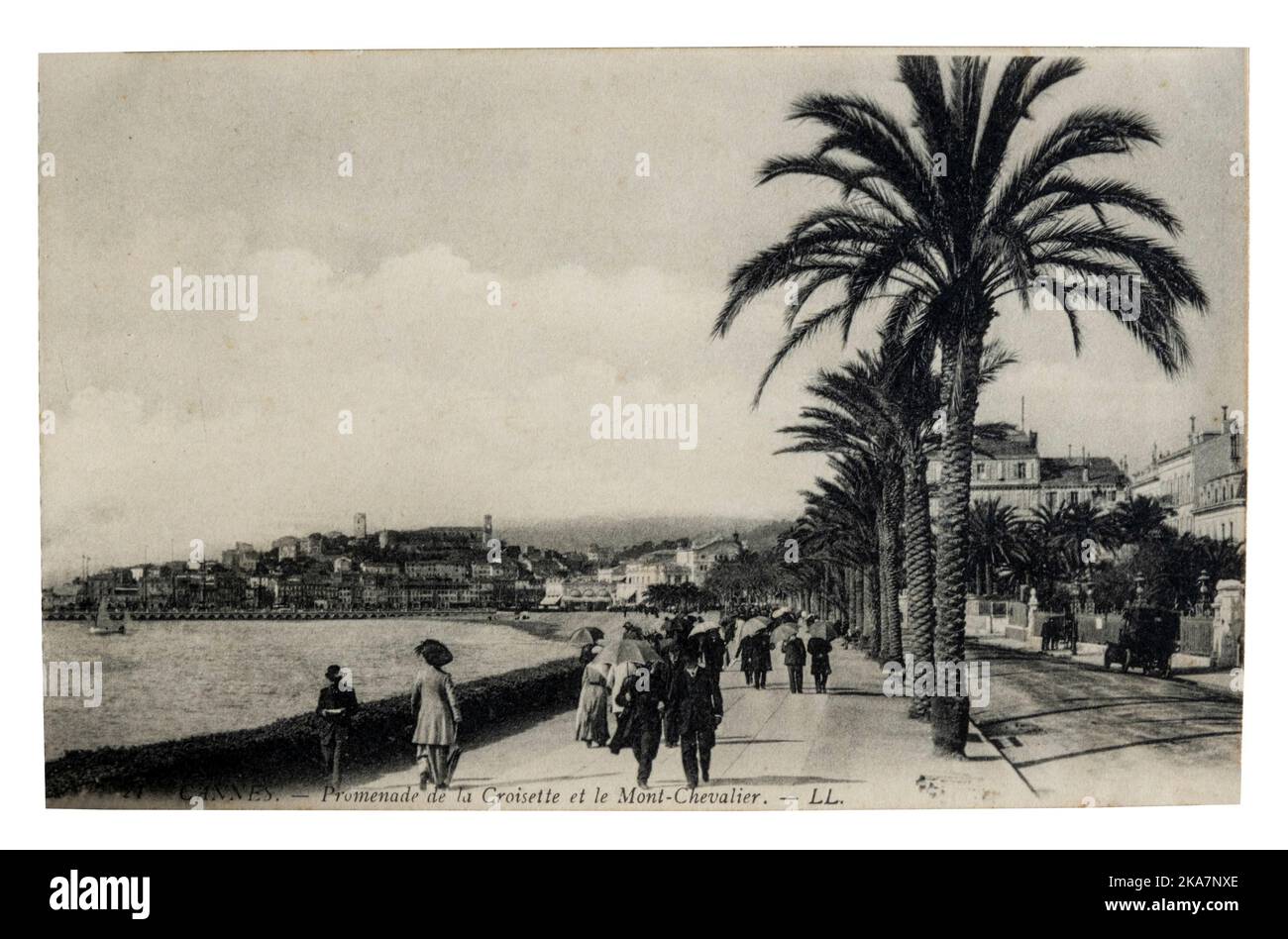 Cannes, France - circa 1921: postcard boulevard de la Croisette and Mont Chevalier Stock Photo