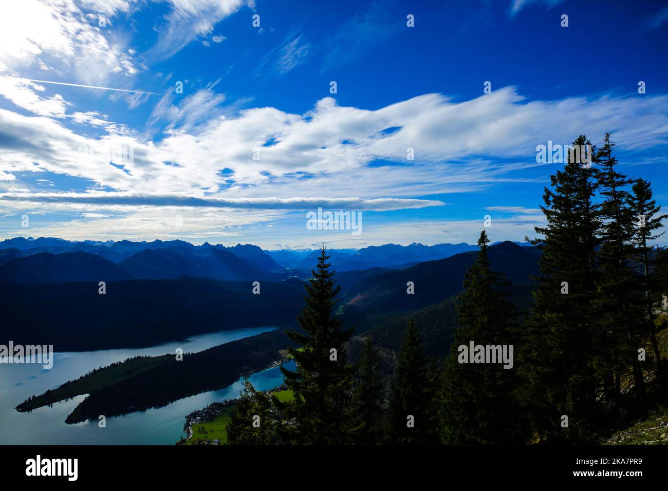 bavaria; germany; alps; walchensee; travel; herzogstand; blue; mountain; landscape; lake; summer; nature; water; idyllic; sky; scenic; outdoors; hikin Stock Photo