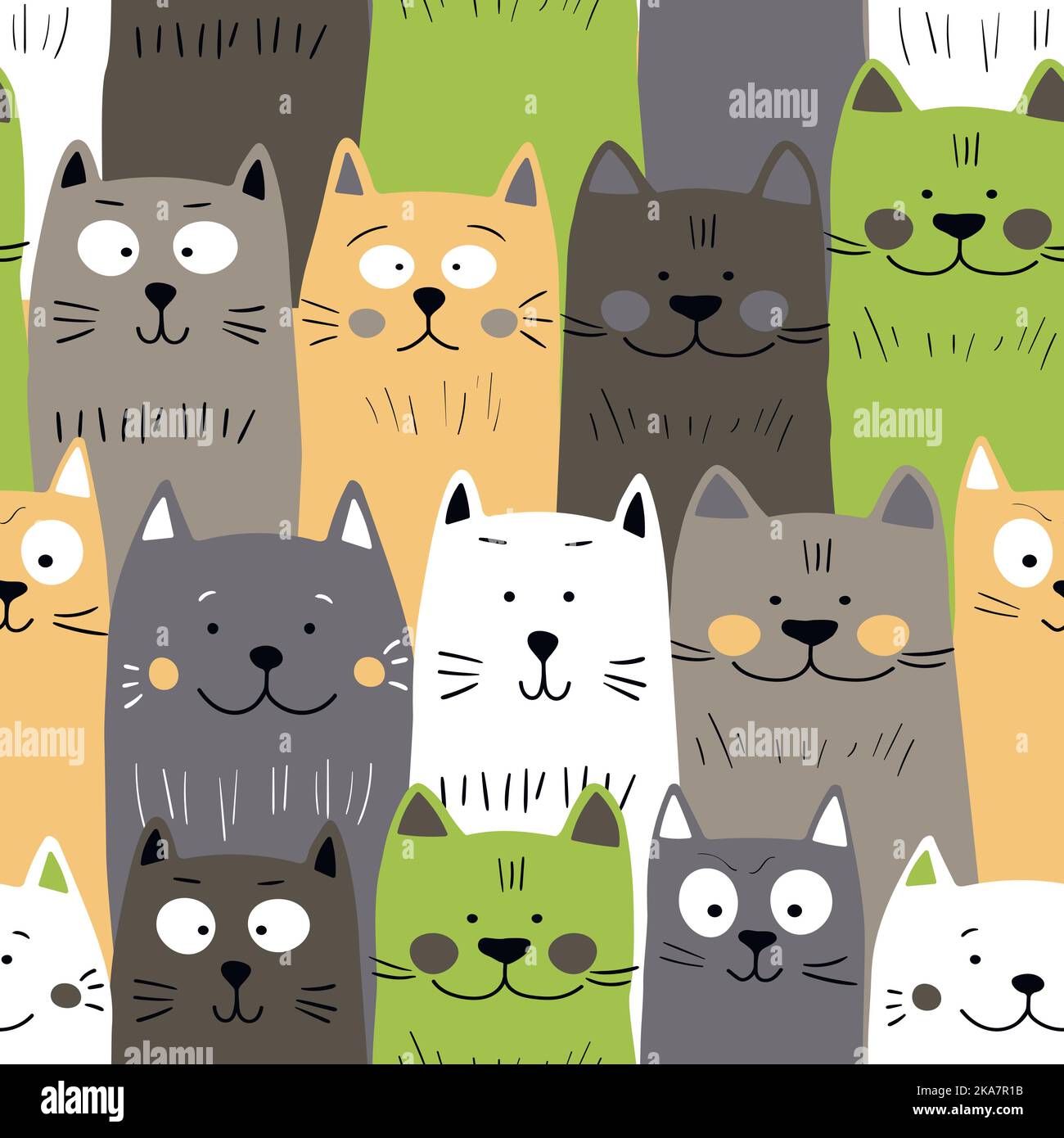 Seamless pattern with cute kitten print. Different scandy cats on color ...