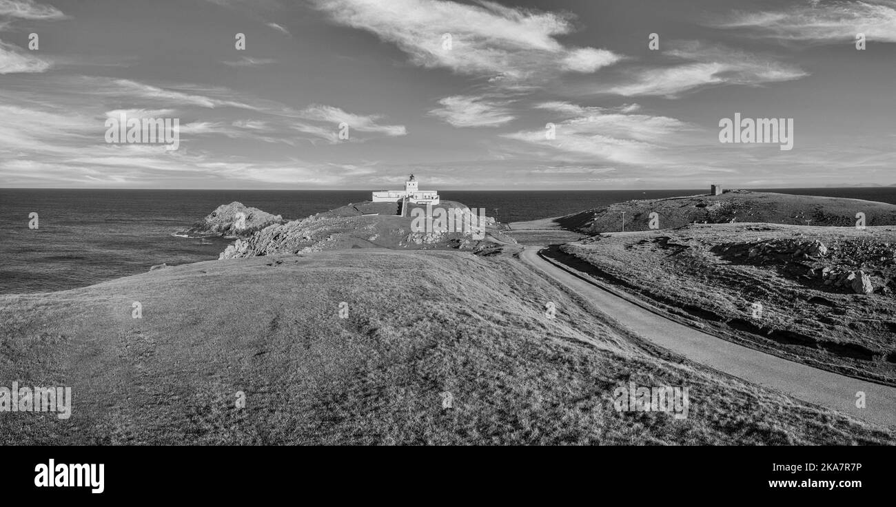 The image is of Strathy Point lighthouse in the far north of the
