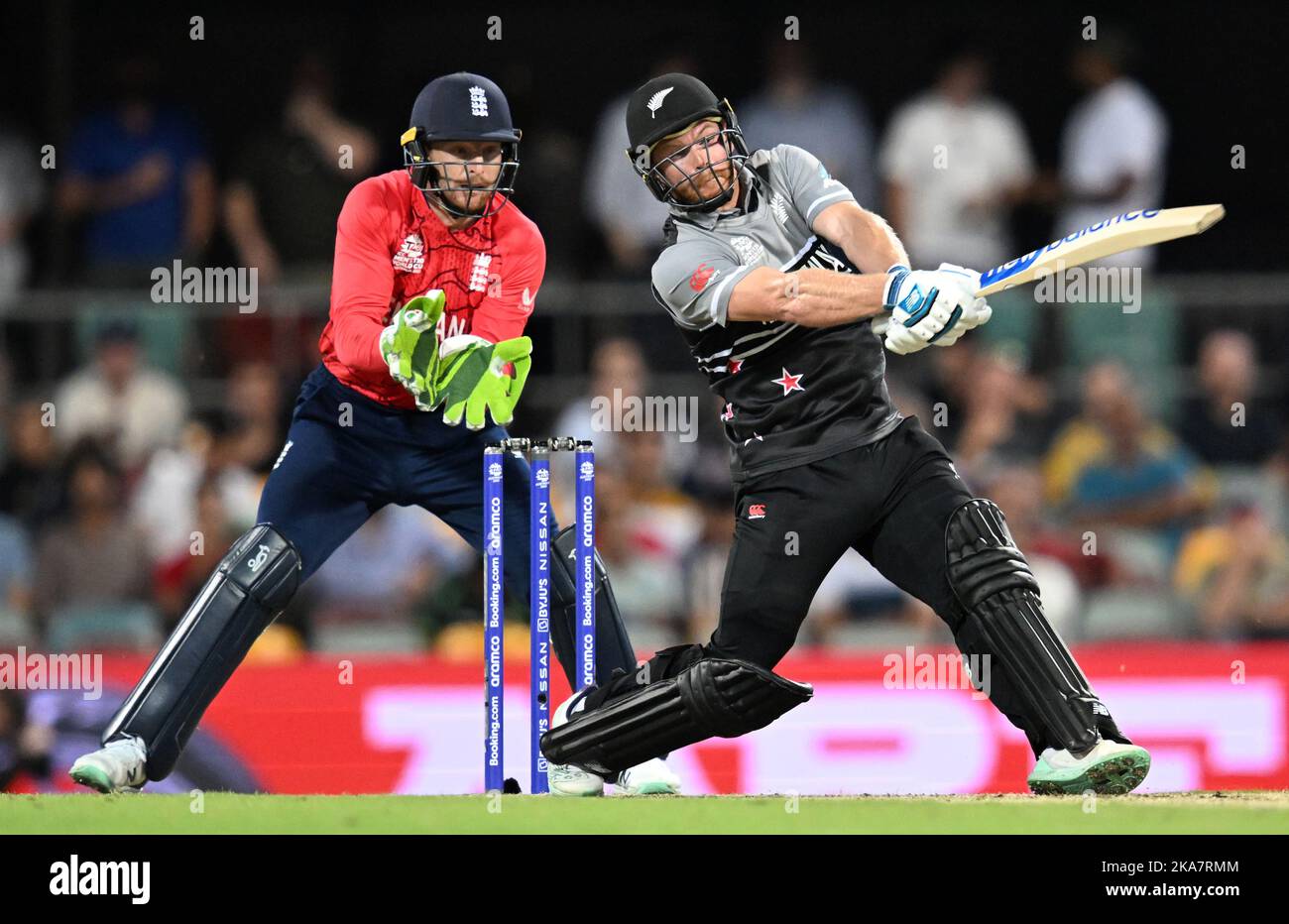 New Zealand's Glenn Phillips (right) hits six runs during the T20 World Cup Super 12 match at The Gabba in Brisbane, Australia. Picture date: Tuesday November 1, 2022. Stock Photo