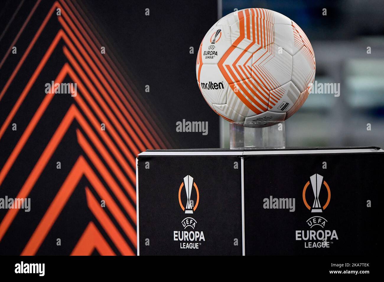 Roma, Italy. 27th Oct, 2022. Molten official ball is seen on a pedestal with the competition logo during the Europa League Group F soccer match between SS Lazio and Midtjylland at the Stadio Olimpico in Rome, Italy, on Oct. 27, 2022. Photo Andrea Staccioli/Insidefoto Credit: Insidefoto di andrea staccioli/Alamy Live News Stock Photo