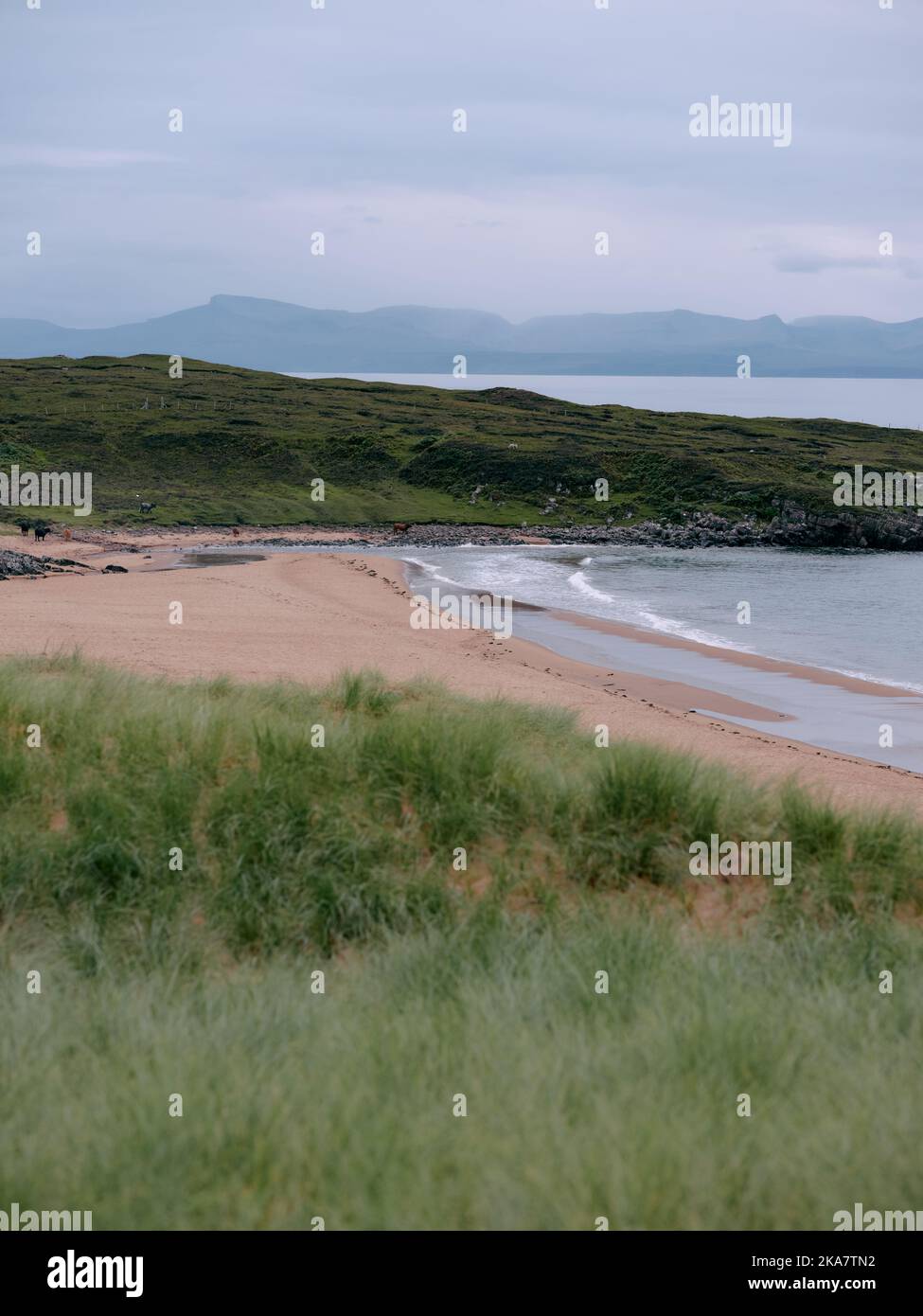 The sandy beach and sand dune marram grass coastline of Red Point beach, Gairloch on the west coast of Scotland UK Stock Photo