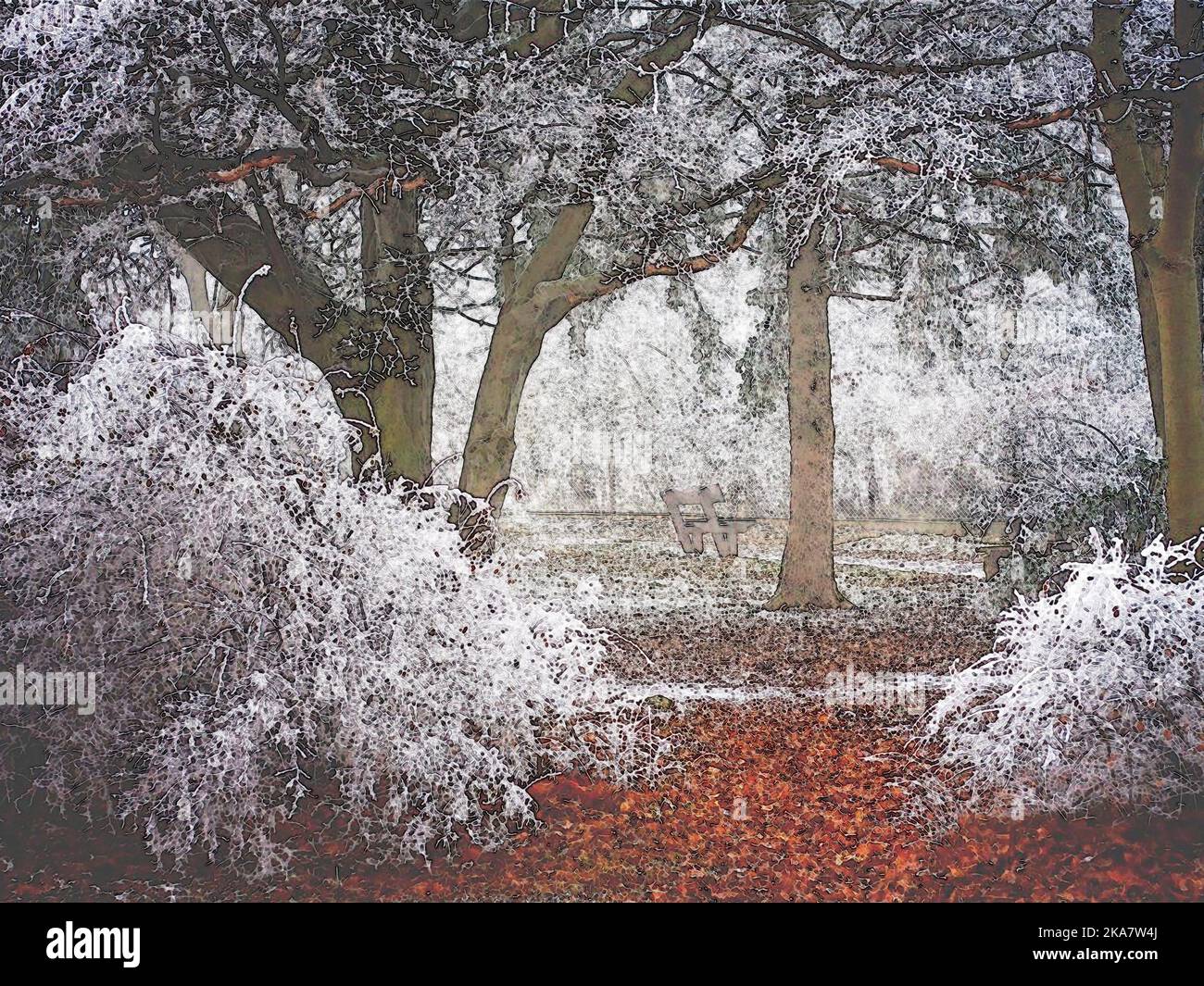 Digital painting of a beautiful winter landscape. Cold nature outdoor ...