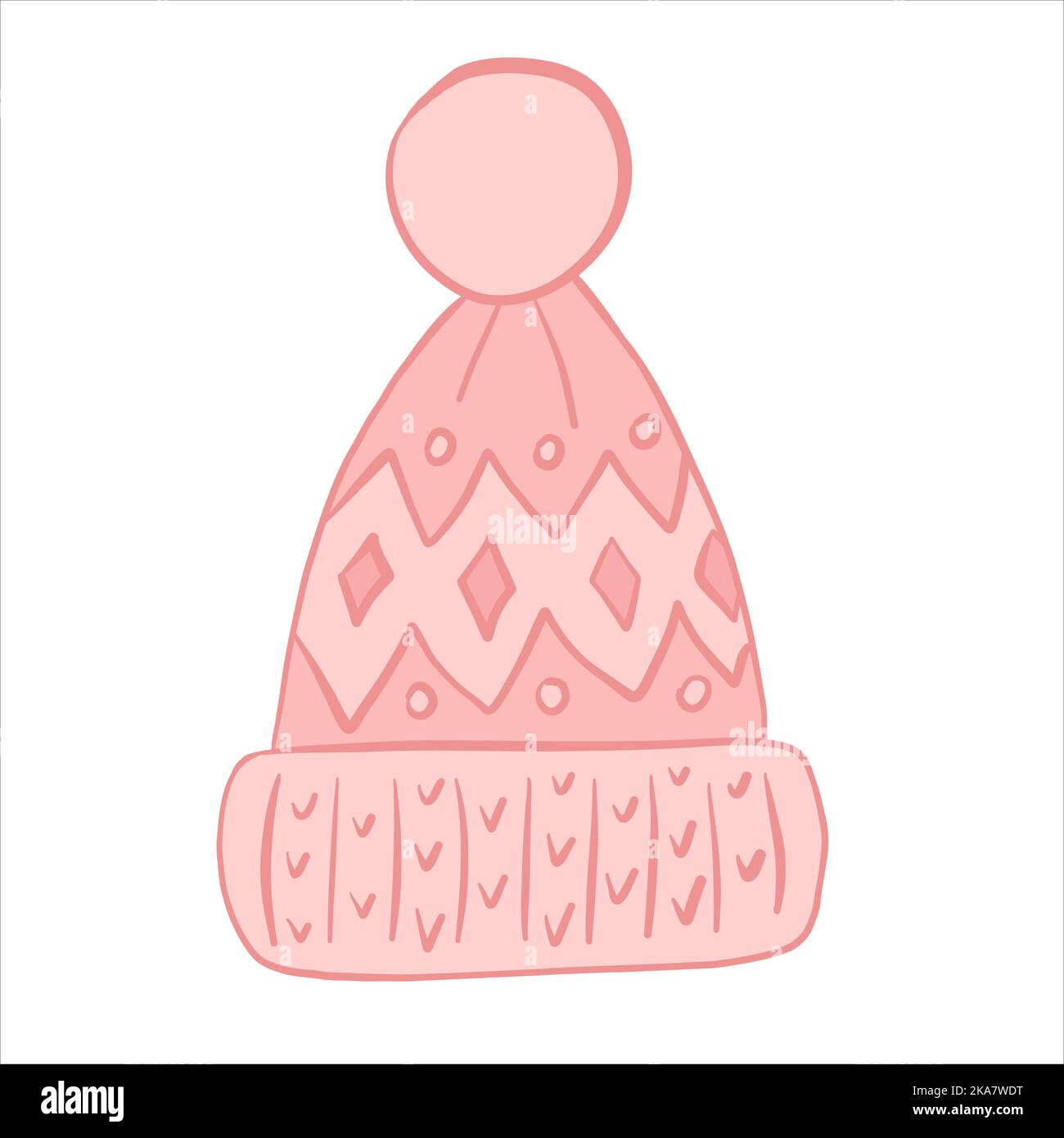 Vector illustration. Warm knitted winter hat with patterns, lapel and pompom Stock Vector
