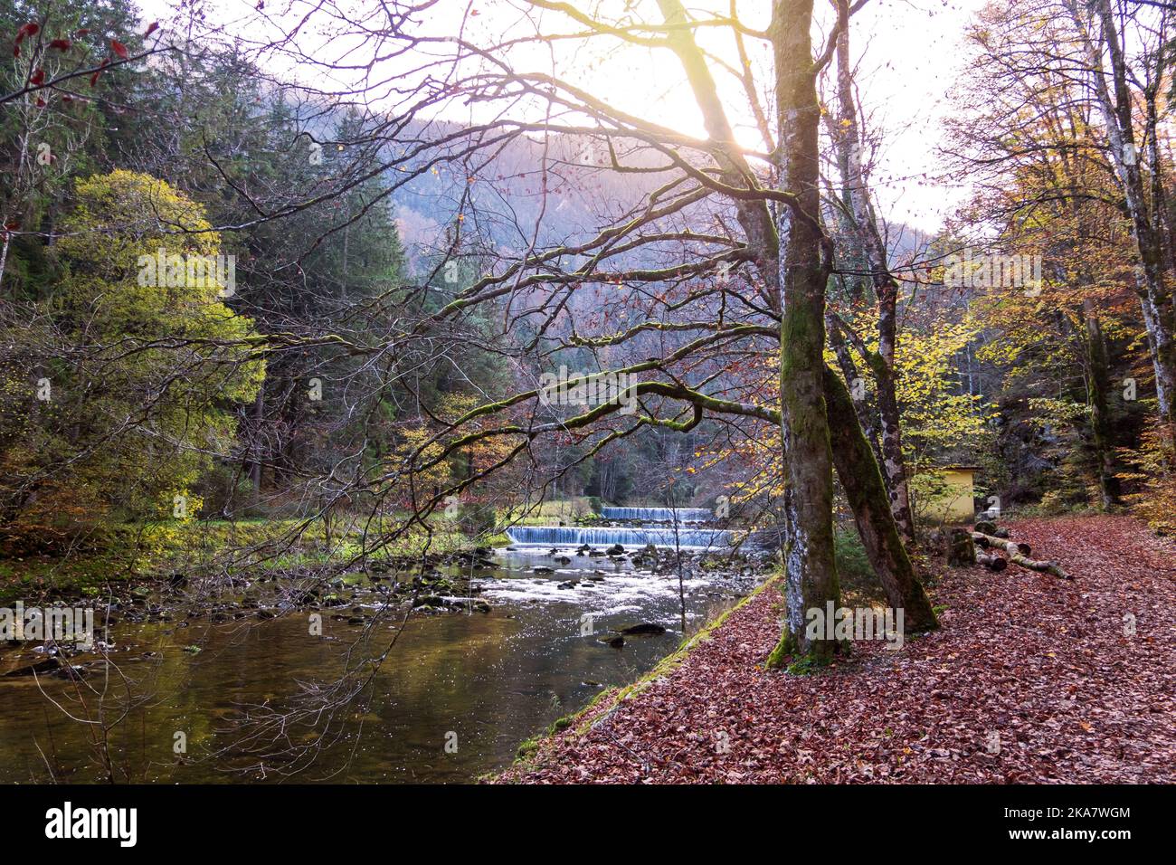Gorges de l'Areuse, Noirague, Neuchatel, Switzerland, Europe. Beautiful romantic autumn landscape in Jura mountains. River with cascade, autumnal natu Stock Photo