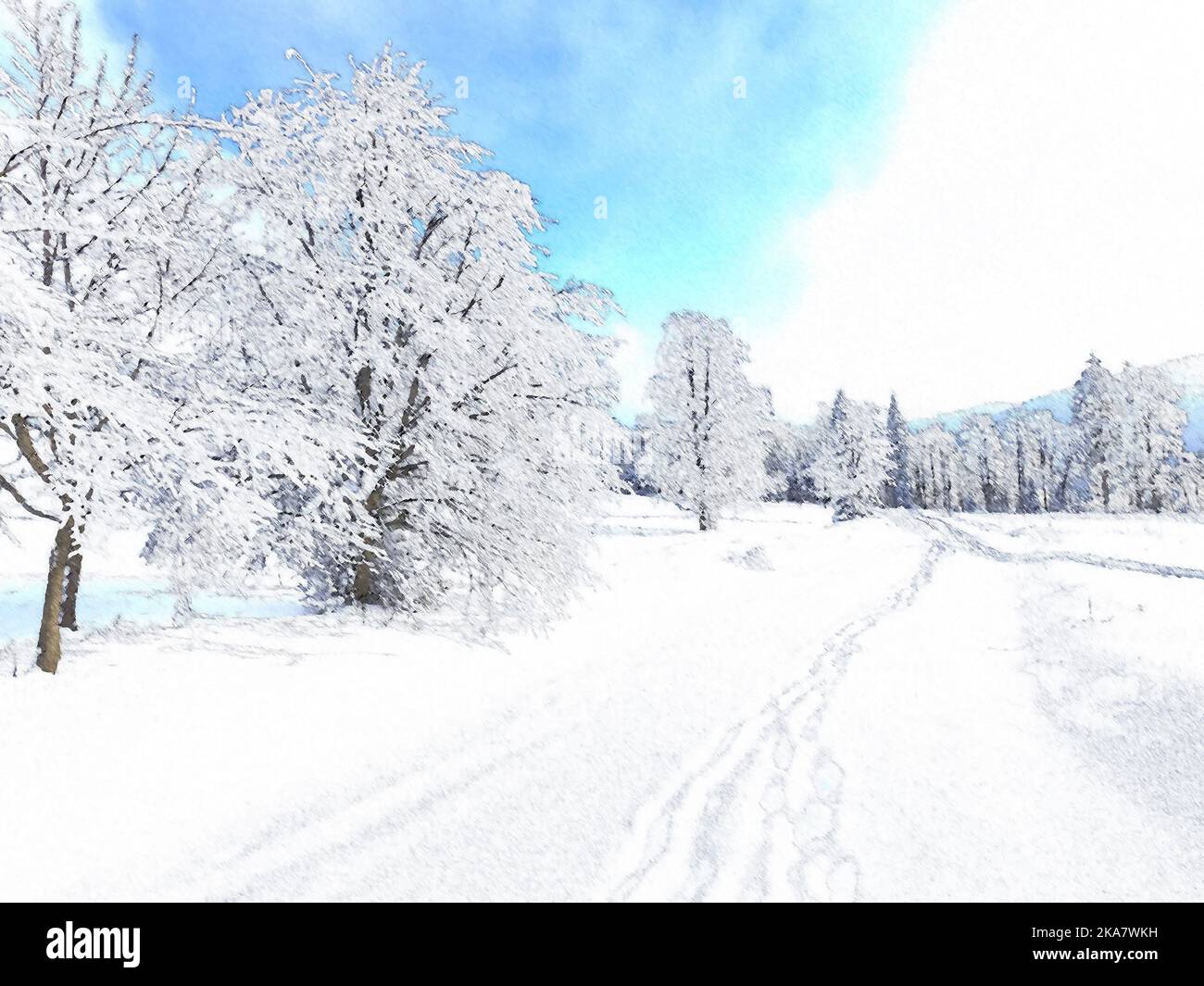 Digital painting of a beautiful winter landscape. Cold nature outdoor ...