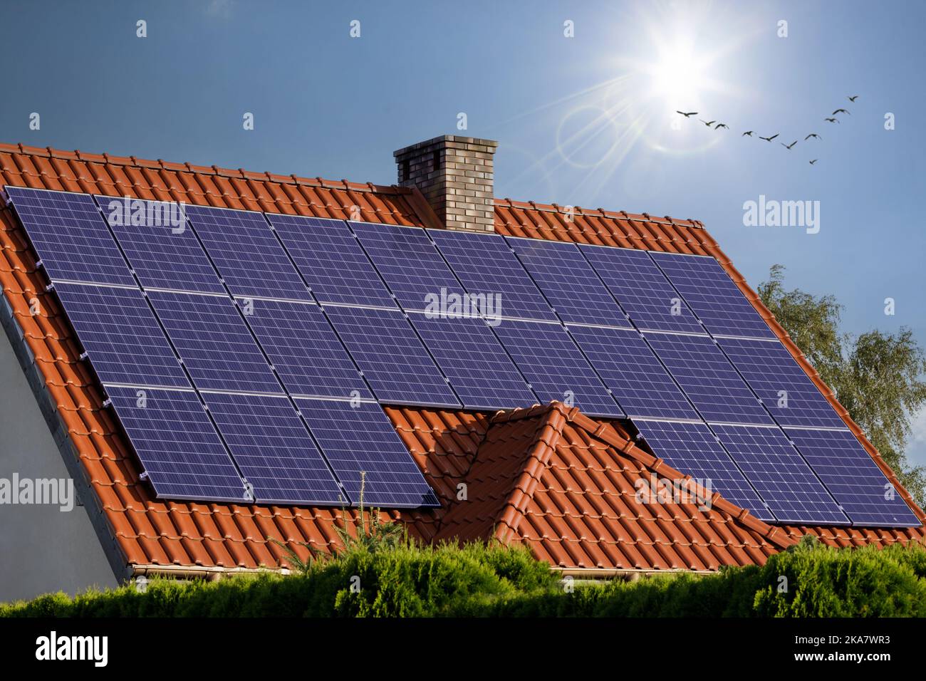 Roof of the house with installed system of blue solar panels. Electricity from the sun. An efficient way to obtain energy for electricity and water he Stock Photo