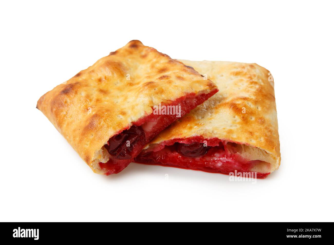 Food photography of desert pie with cherries and cream cheese isolated on white background. Stock Photo