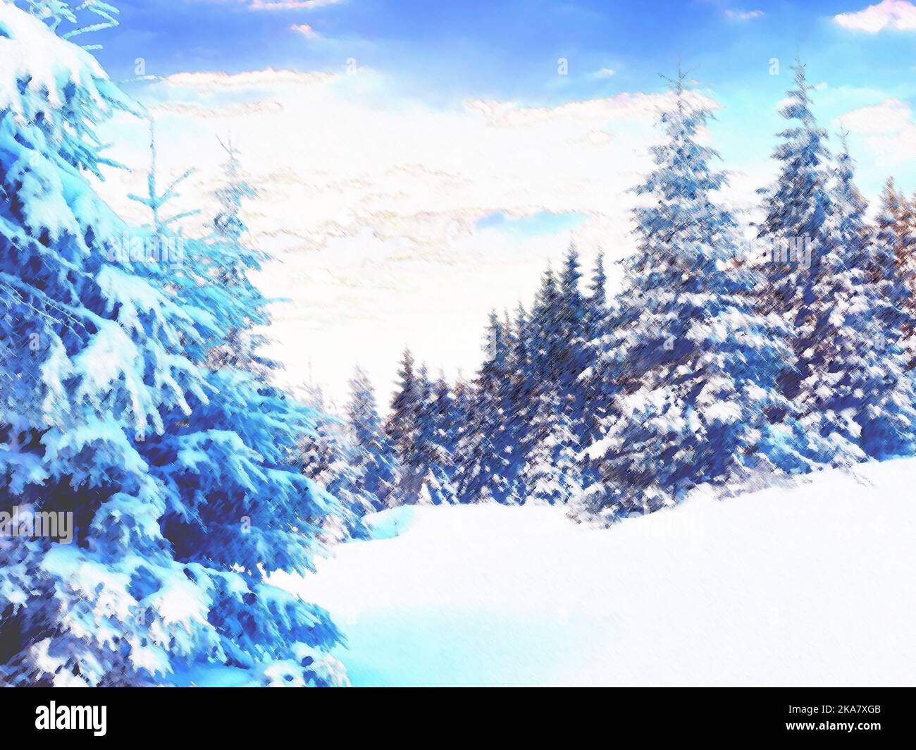 Digital painting of a beautiful winter landscape. Cold nature outdoor ...
