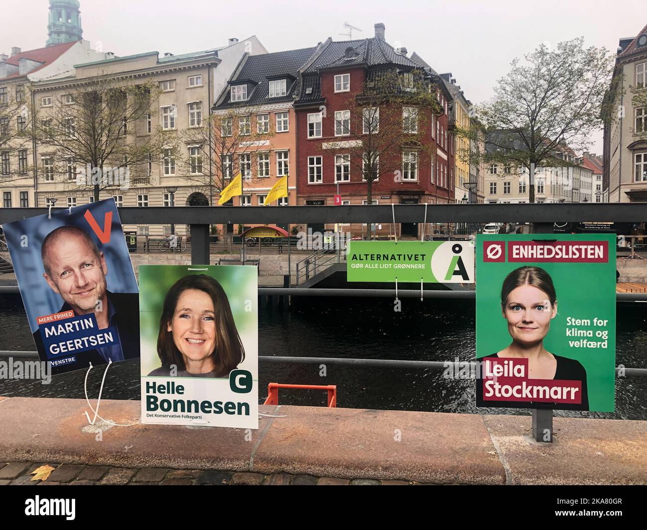 Kopenhagen, Denmark. 01st Nov, 2022. Election posters of various parties hang on a railing next to a canal. This time, 14 parties are vying for a place in the Folketinget, the Danish parliament. (to dpa 'From A to Æ, Ø and Å - In the letter jungle of the Danish election') Credit: Steffen Trumpf/dpa/Alamy Live News Stock Photo