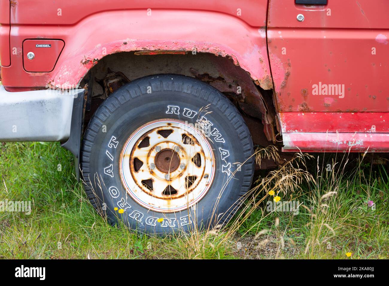 Rusting wheel arch on an old car, UK Stock Photo