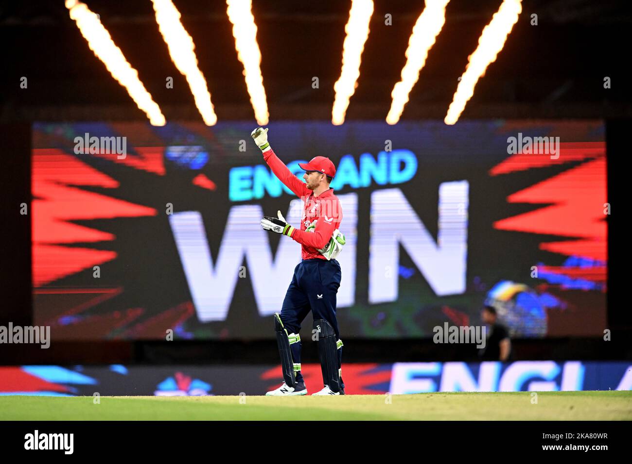 England's Jos Buttler celebrates winning following the T20 World Cup Super 12 match at The Gabba in Brisbane, Australia. Picture date: Tuesday November 1, 2022. Stock Photo