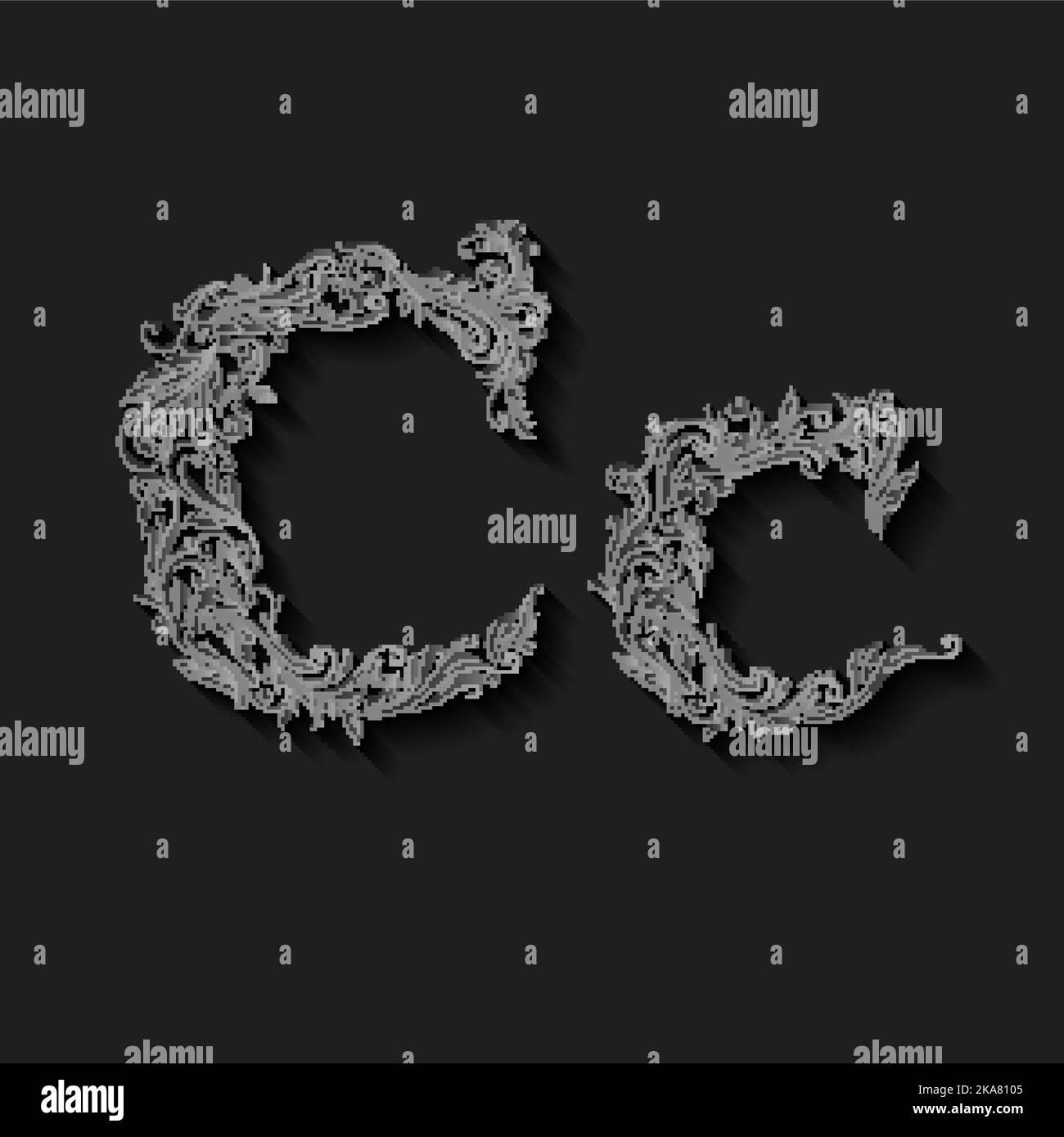Handsomely decorated letter c in upper and lower case on black Stock