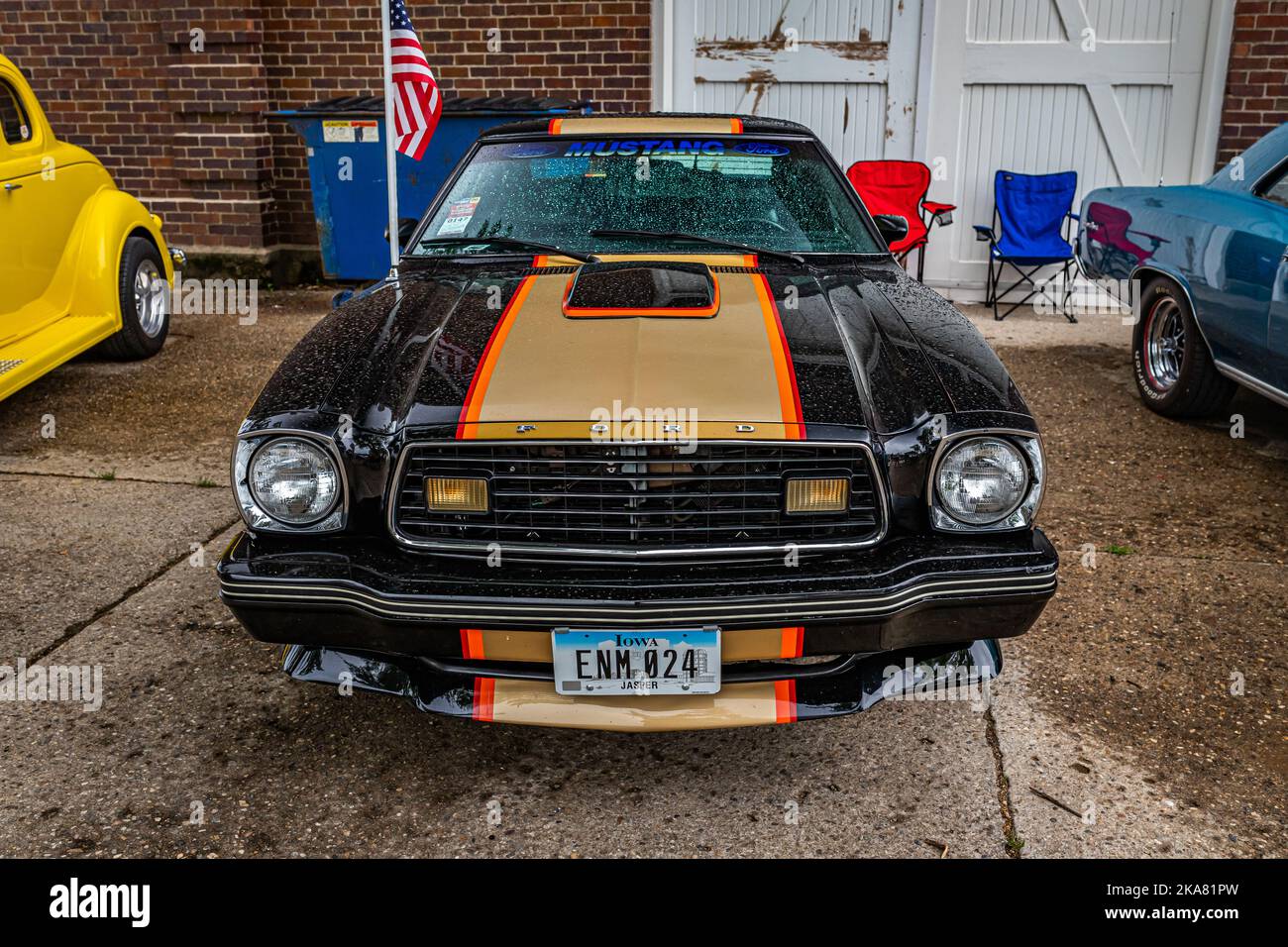 Des Moines, IA - July 01, 2022: High perspective front view of a 1978 Ford Mustang Cobra II at a local car show. Stock Photo