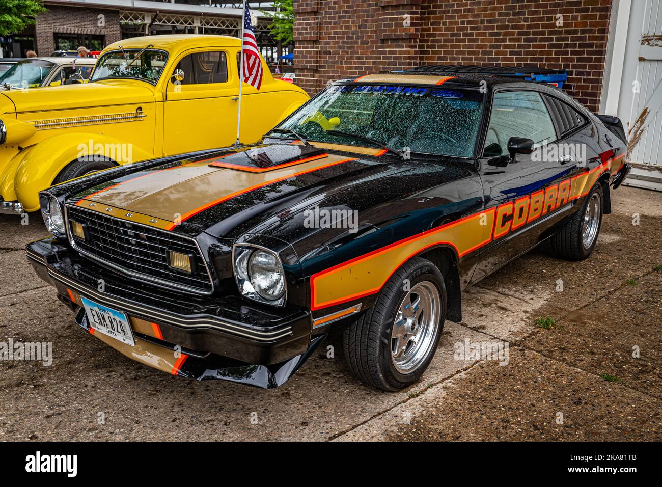 Des Moines, IA - July 01, 2022: High perspective front corner view of a 1978 Ford Mustang Cobra II at a local car show. Stock Photo