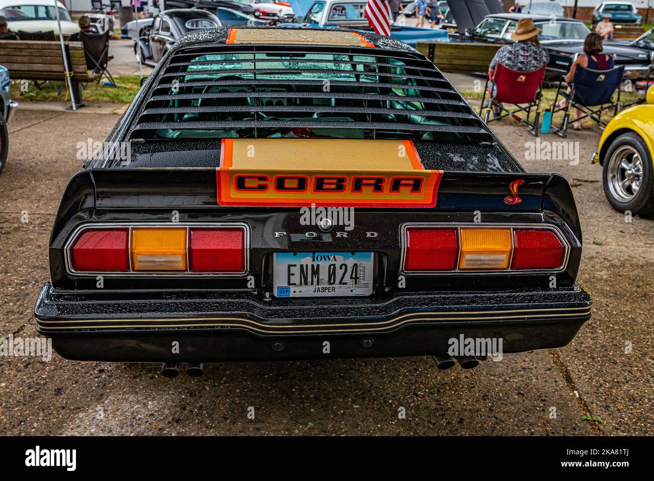 Des Moines, IA - July 01, 2022: High perspective rear view of a 1978 Ford Mustang Cobra II at a local car show. Stock Photo