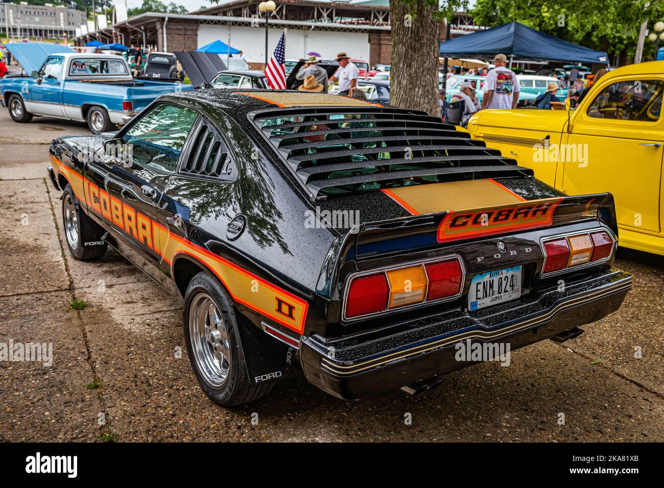 Des Moines, IA - July 01, 2022: High perspective rear corner view of a 1978 Ford Mustang Cobra II at a local car show. Stock Photo