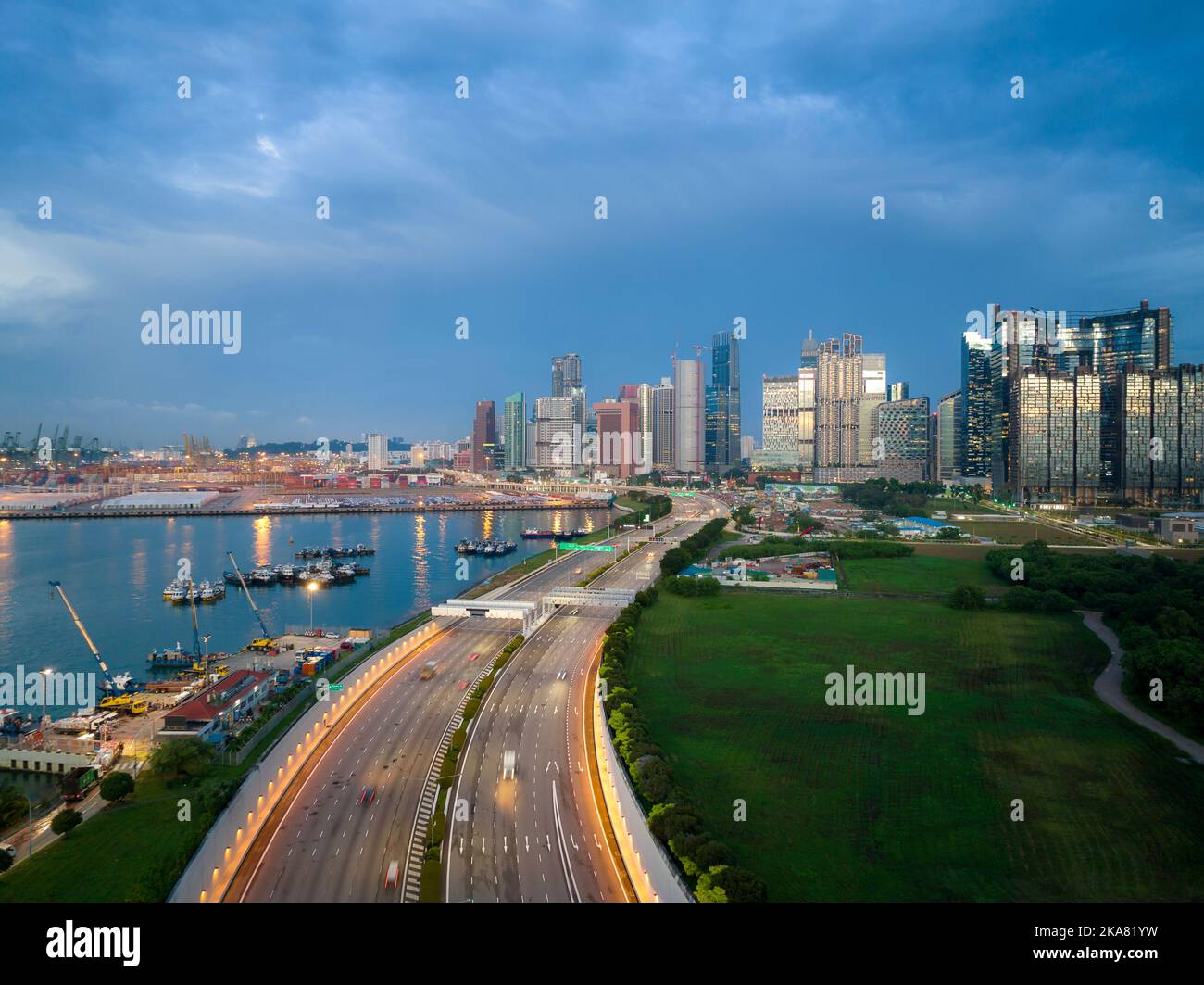 Aerial view of Singapore business district and city at twilight in Singapore, Asia Stock Photo
