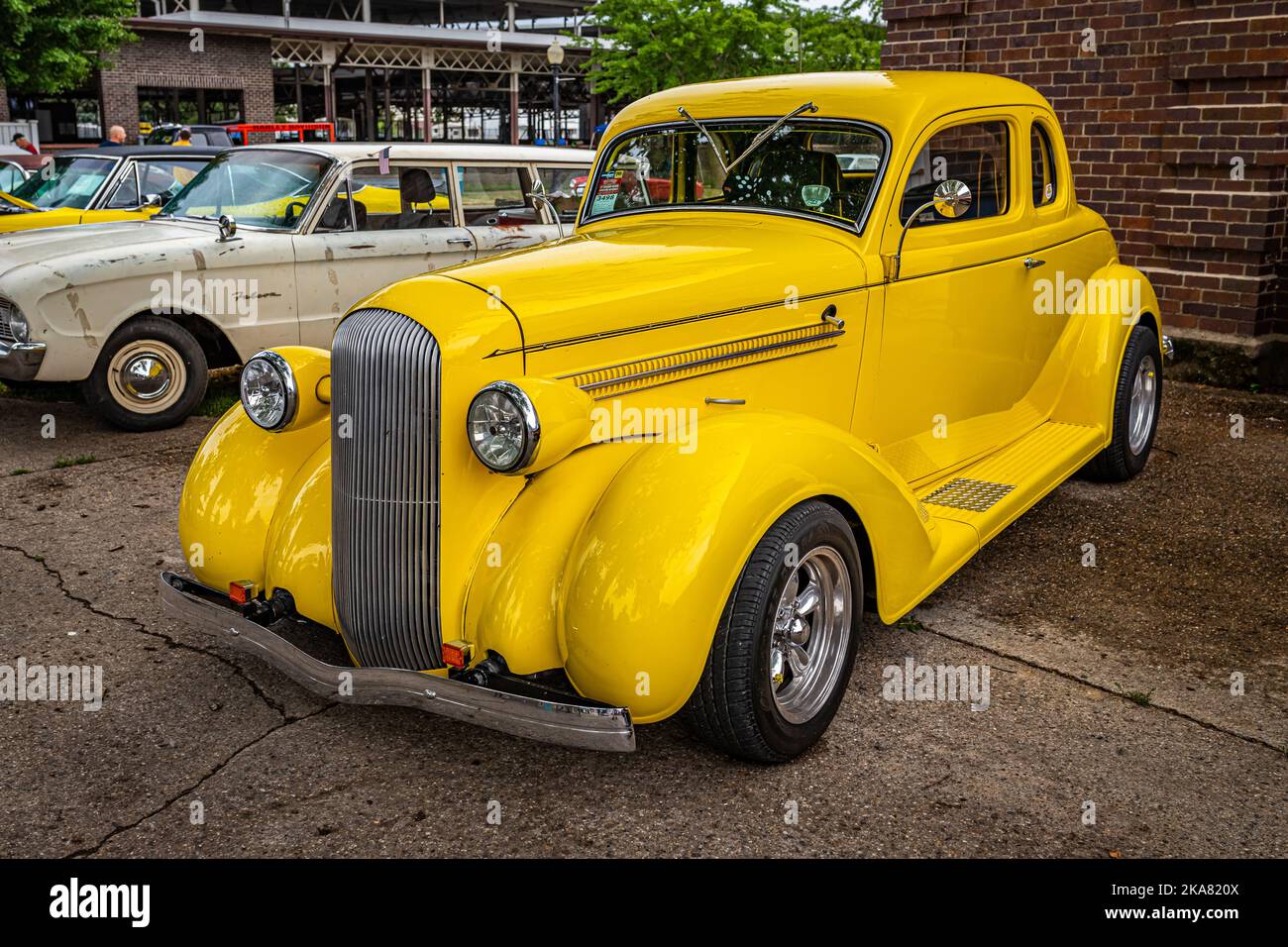 Des Moines, IA - July 01, 2022: High perspective front corner view of a 1936 Dodge D2 Coupe at a local car show. Stock Photo
