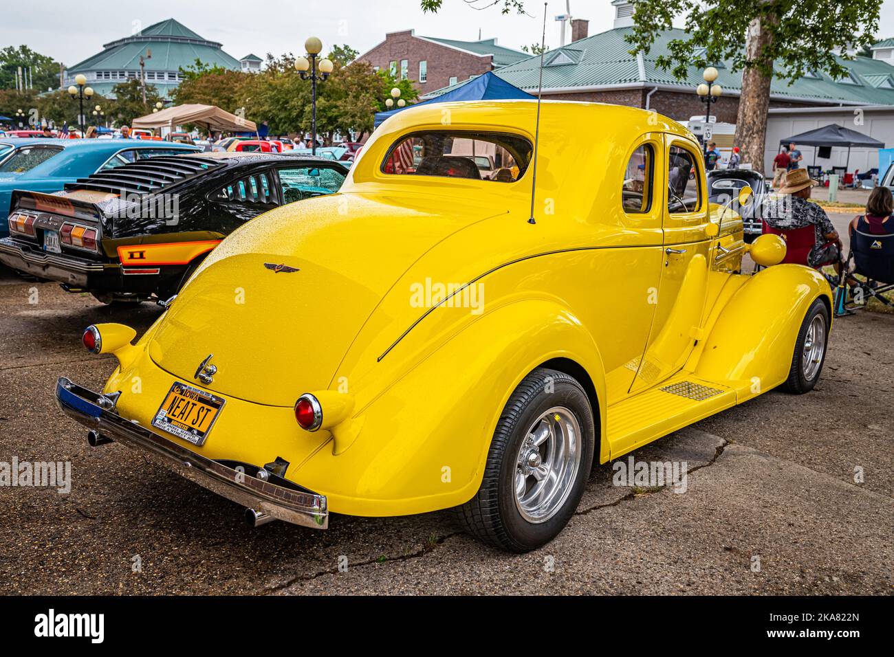 Des Moines, IA - July 01, 2022: High perspective rear corner view of a 1936 Dodge D2 Coupe at a local car show. Stock Photo