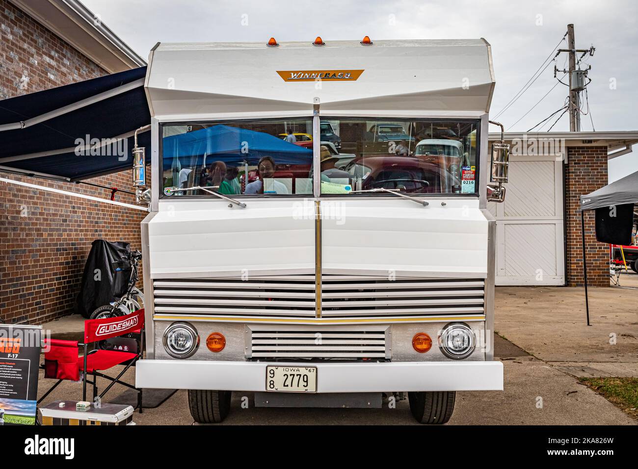 Des Moines, IA - July 01, 2022: High perspective front view of a 1967 Winnebago F17 Motorhome at a local car show. Stock Photo