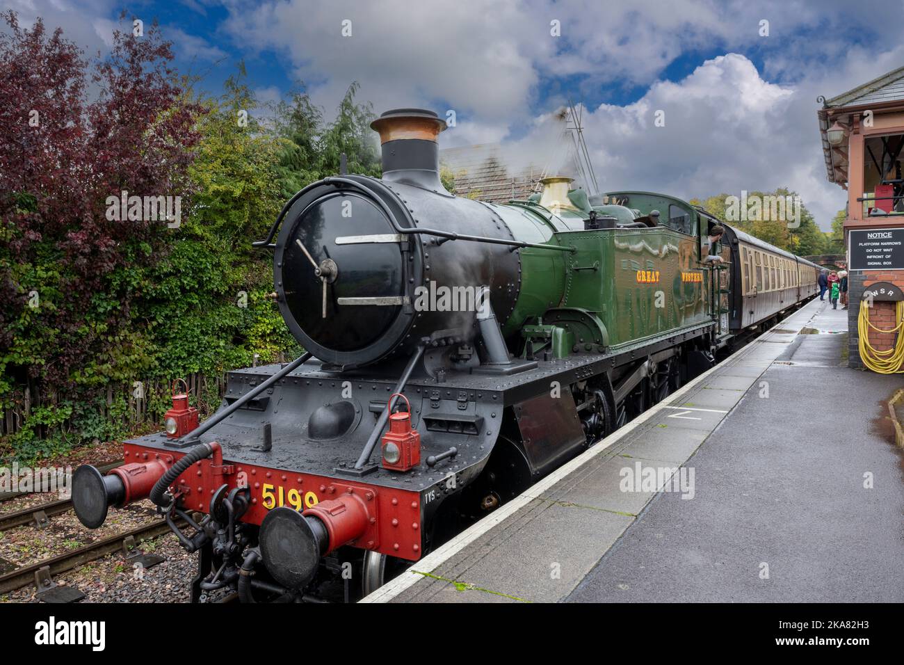 British Rail class 5101 GWR Large Prairie 5199 steam locomotive at Bishops Lydeard Railway station on the West Somerset Railway, Somerset, UK Stock Photo