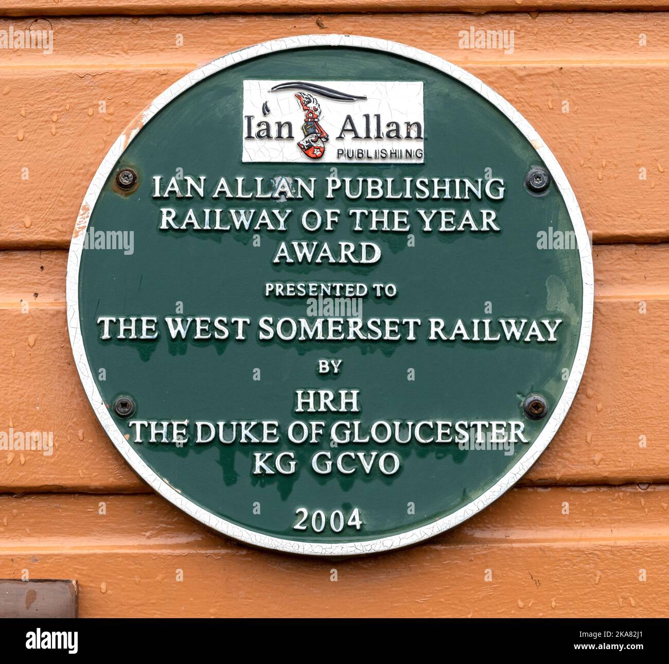 Ian Allan Heritage green plaque at Bishops Lydeard Railway Station on the West Somerset Railway, Bishops Lydeard, Somerset, England, UK Stock Photo