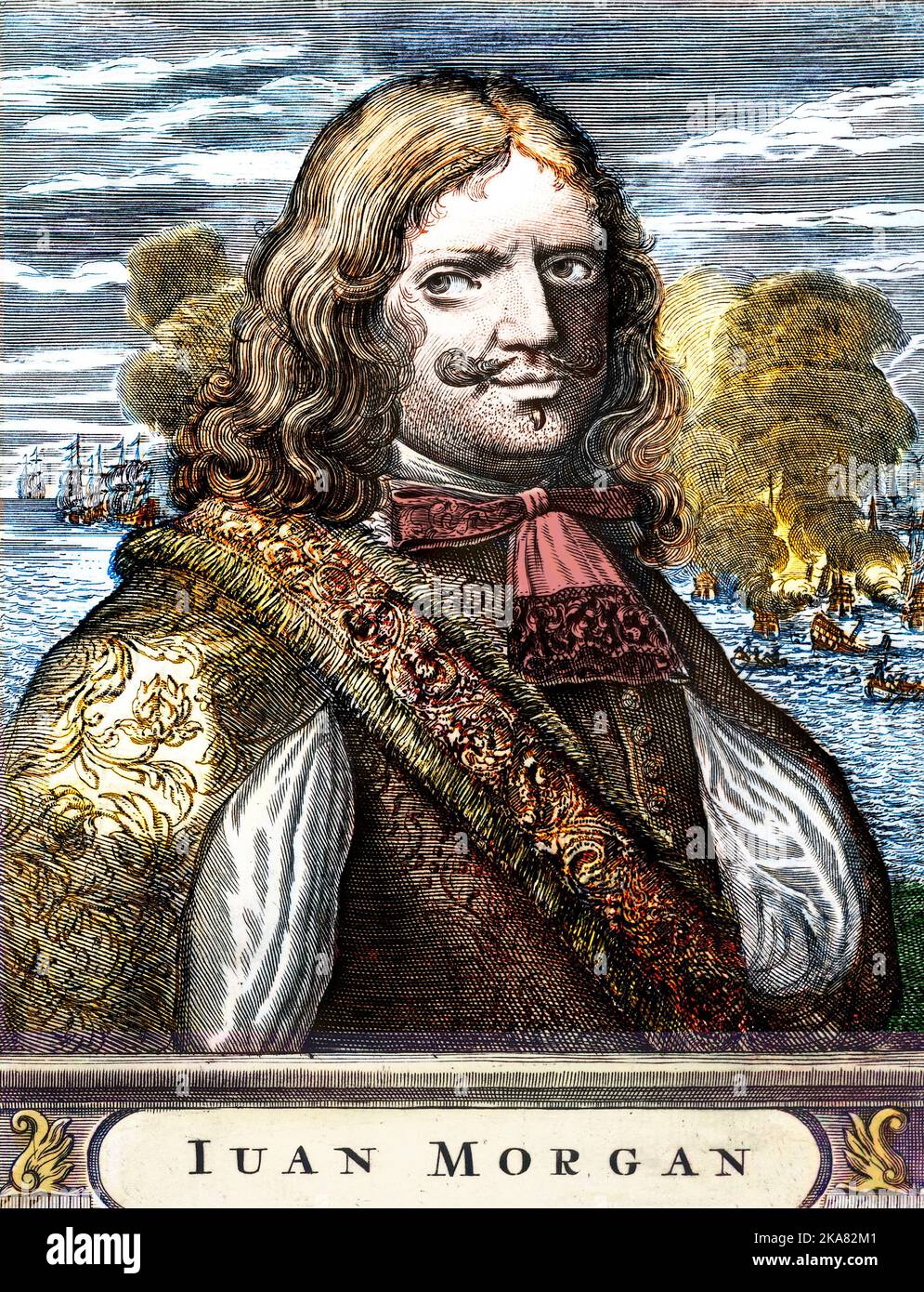 Portrait de Sir Henry Morgan (1635-1688), boucanier gallois. Gravure tiree d'une traduction espagnole de 'Buccaneers of America', par Alexander Olivier Exquemelin. 1681. Stock Photo