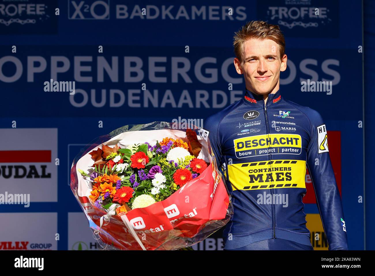 Belgian Victor Van de Putte celebrate on the podium after winning the