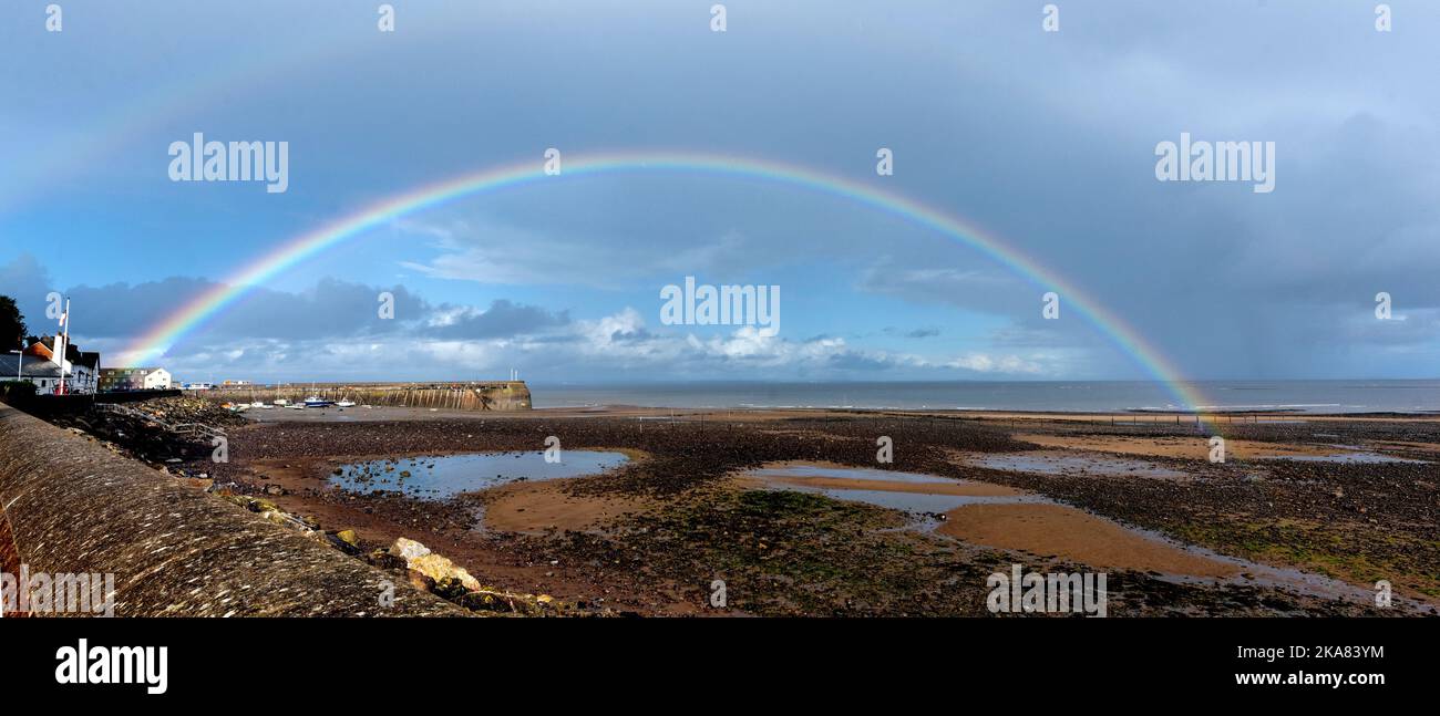 Attractive landscape vie of Minehead Bay with rainbow in Autumn, Minehead, Somerset, England, UK Stock Photo