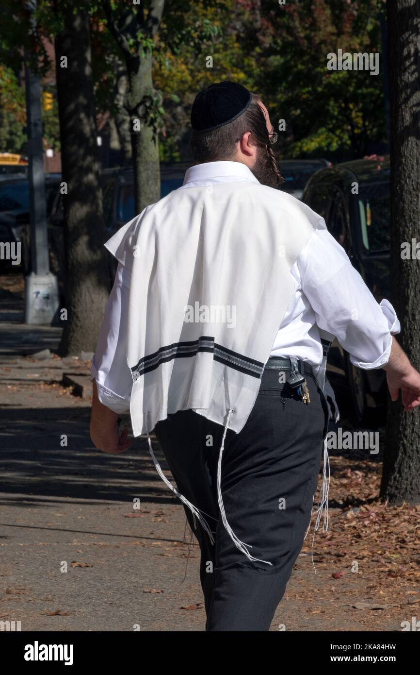 On a mild autumn day, an anonymous orthodox Jewish man wearing tzitzit which is also called a tallit katan. In Brooklyn, New York City. Stock Photo