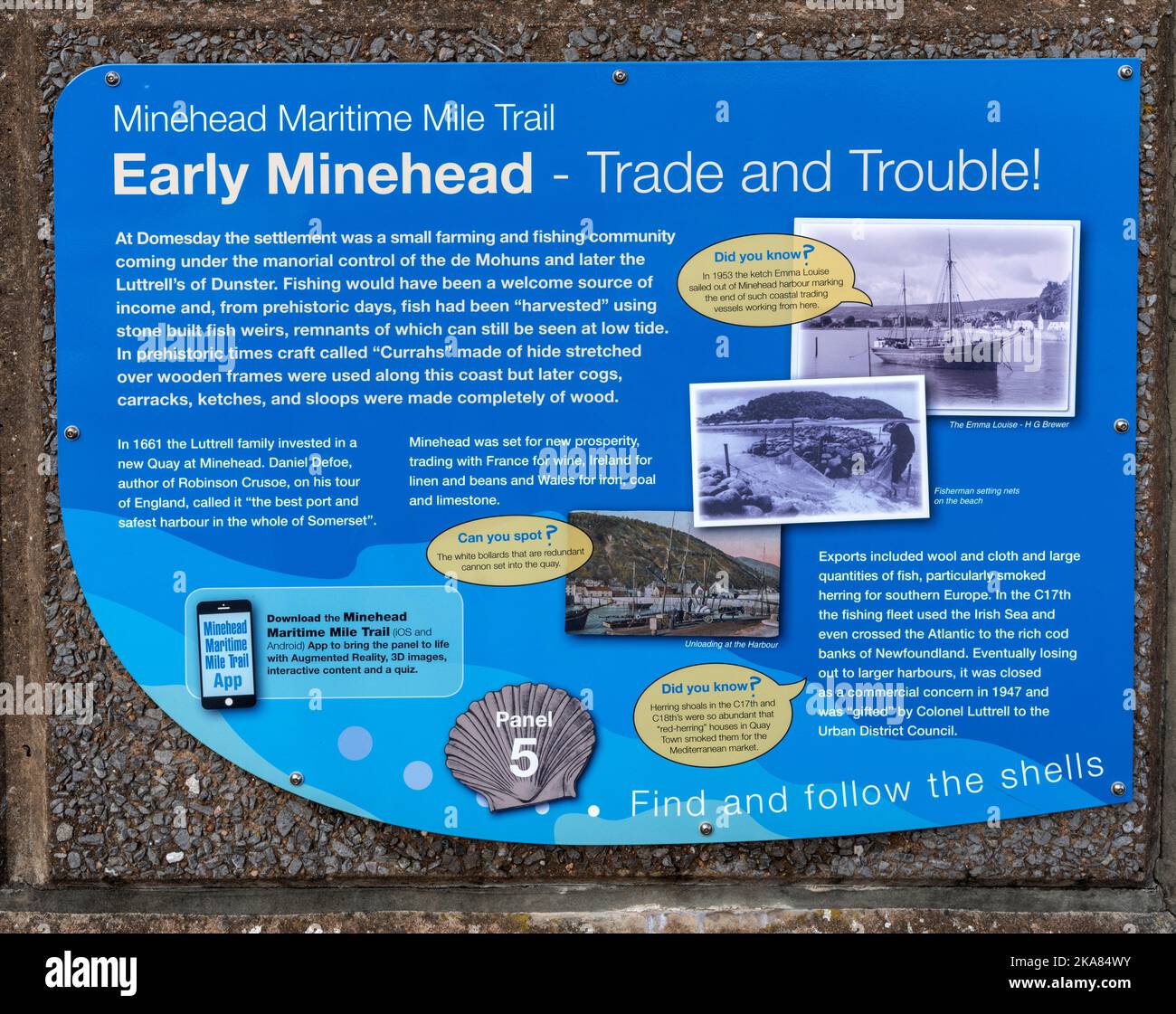 Tourist information board for Minehead Maritime Mile Trail on the promenade at Minehead,  Somerset, England, UK Stock Photo