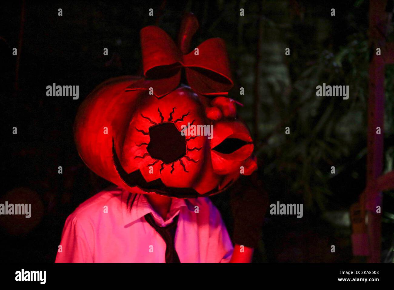 On October.31,2022 in Kathmandu, Nepal. Nepalese youth wears assorted masks while taking part in 'Halloween' party at a resturant on the eve of the Western Christian feast of All Hallows' Day. (Photo by Abhishek Maharjan/Sipa USA) (Photo by Abhishek Maharjan/Sipa USA) Stock Photo