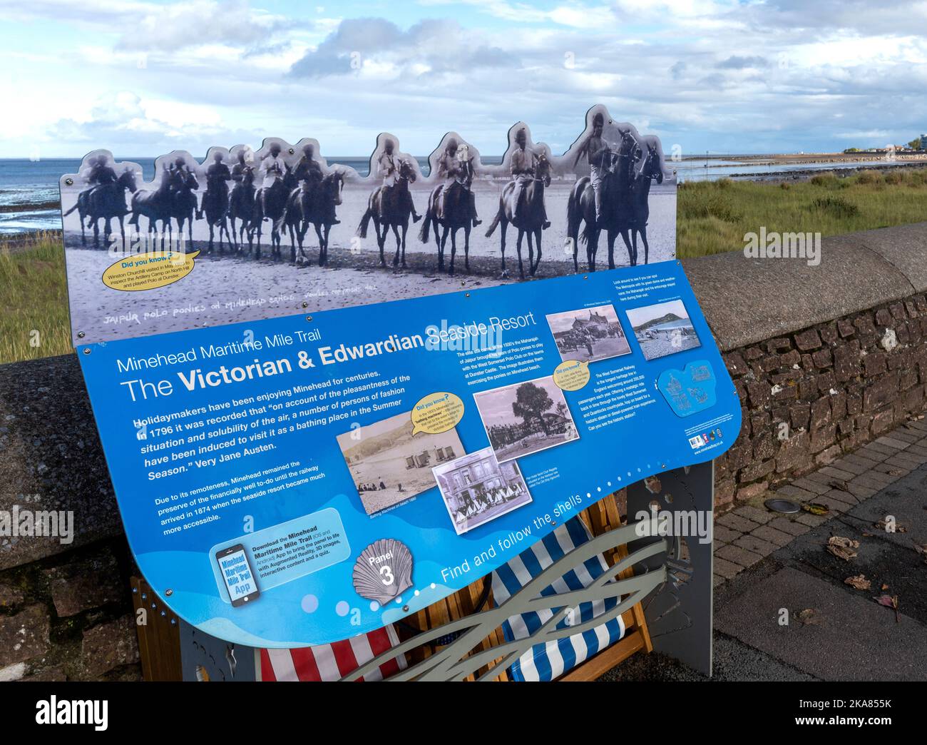 Tourist information board on the seafront at Minehead, Somerset