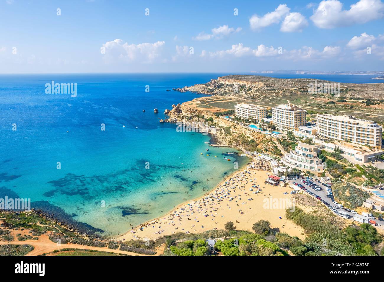 Landscape with Golden bay beach, Malta Stock Photo