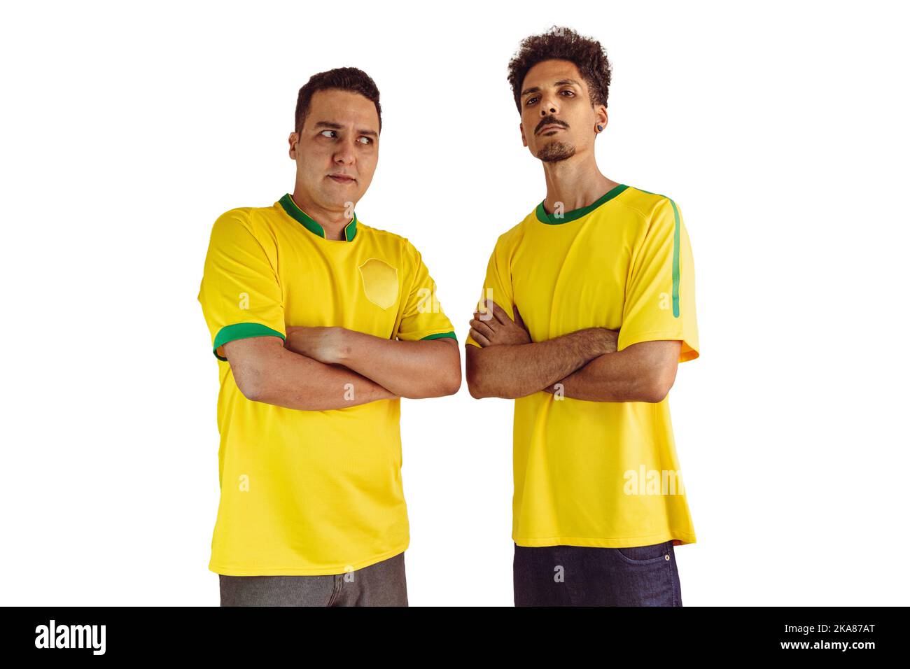 Black Brothers With Yellow Brazilian Cheering Isolates on White. Soccer Fans Cheering for Brazil