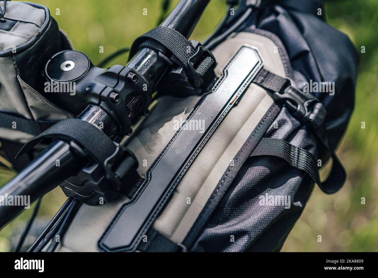 Bikepacking equipment on a mountain bike. Mountain bike with packed