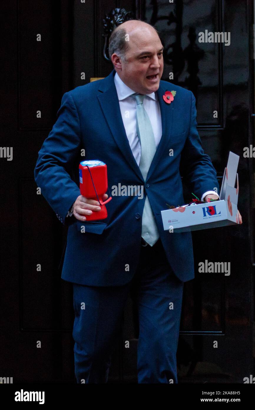 Downing Street, London, UK. 1st November 2022.  Ben Wallace MP, Secretary of State for Defence, brings a box of Poppy's to sell to the waiting media following the weekly Cabinet Meeting at 10 Downing Street.Photo by Amanda Rose/Alamy Live News Stock Photo