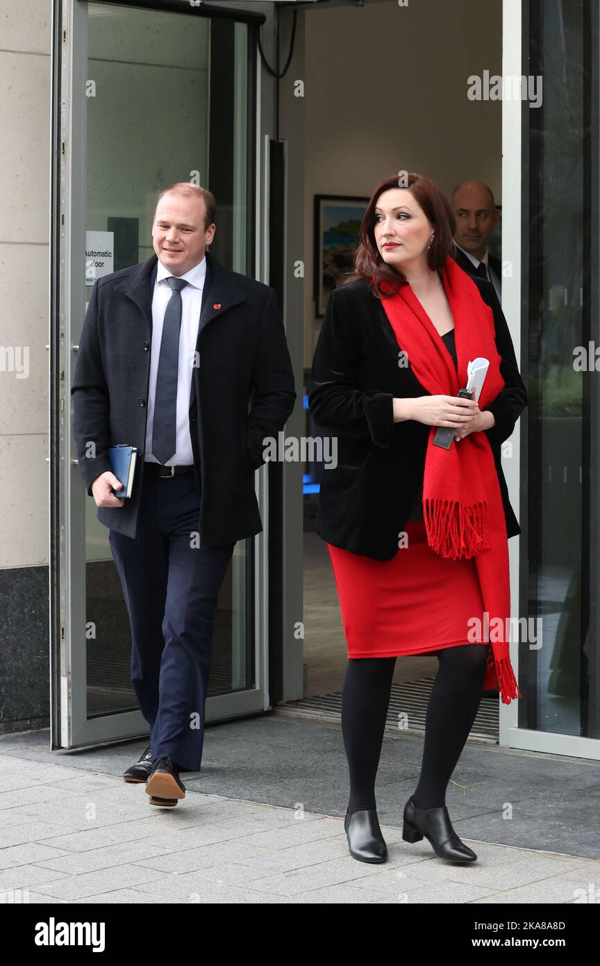 Gordon Lyons and Emma Little-Pengelly from the DUP leave following a meeting with Northern Ireland Secretary Chris Heaton-Harris at Erskine House, Belfast. Mr Heaton-Harris is holding talks with the Stormont leaders amid continuing uncertainty over whether he intends to call an election in the region. The 24-week deadline for forming a functioning power-sharing executive in Belfast following May's election ran out at midnight on Friday. Picture date: Tuesday November 1, 2022. Stock Photo