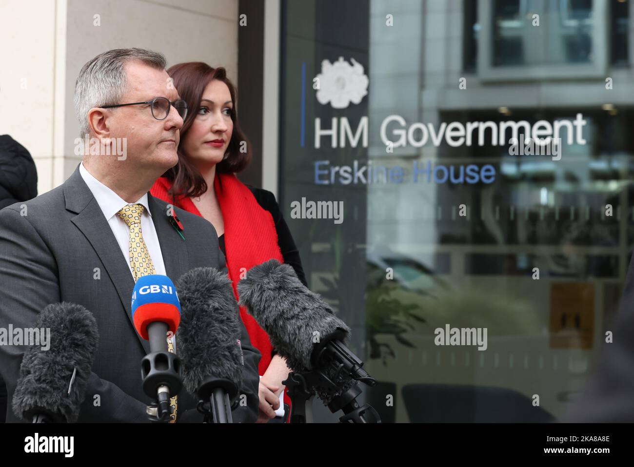 Sir Jeffrey Donaldson, leader of the DUP, speaks to the media following a meeting with Northern Ireland Secretary Chris Heaton-Harris at Erskine House, Belfast. Mr Heaton-Harris is holding talks with the Stormont leaders amid continuing uncertainty over whether he intends to call an election in the region. The 24-week deadline for forming a functioning power-sharing executive in Belfast following May's election ran out at midnight on Friday. Picture date: Tuesday November 1, 2022. Stock Photo