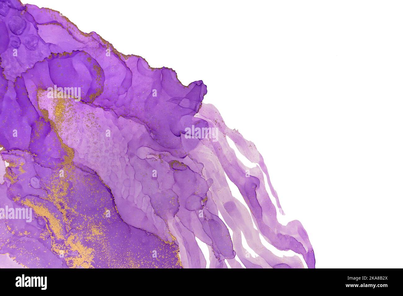 Purple Ink Flow Background. Artwork Gold and Violet Template for Greeting Card Stock Photo