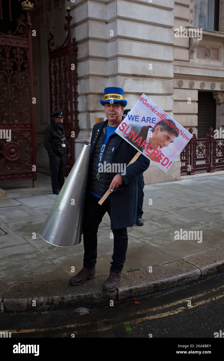 Political demonstrator outside downing street. London Stock Photo