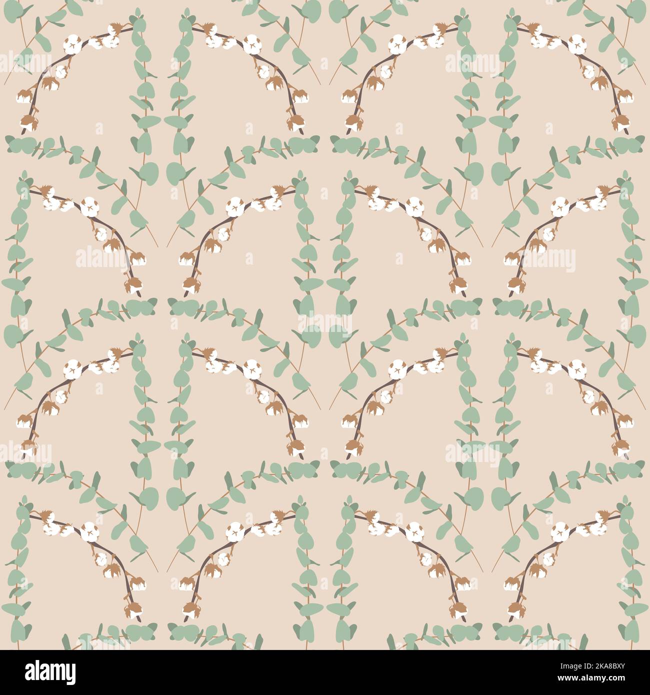Boho seamless pattern with eucalyptus and cotton Stock Vector