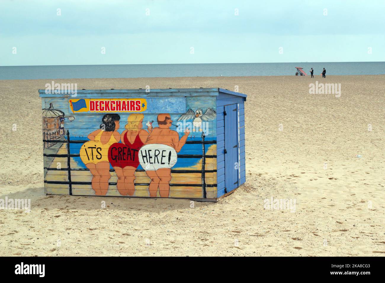 Colourful deckchair storage hut on beach in Great Yarmouth, Norfolk, United Kingdom Stock Photo