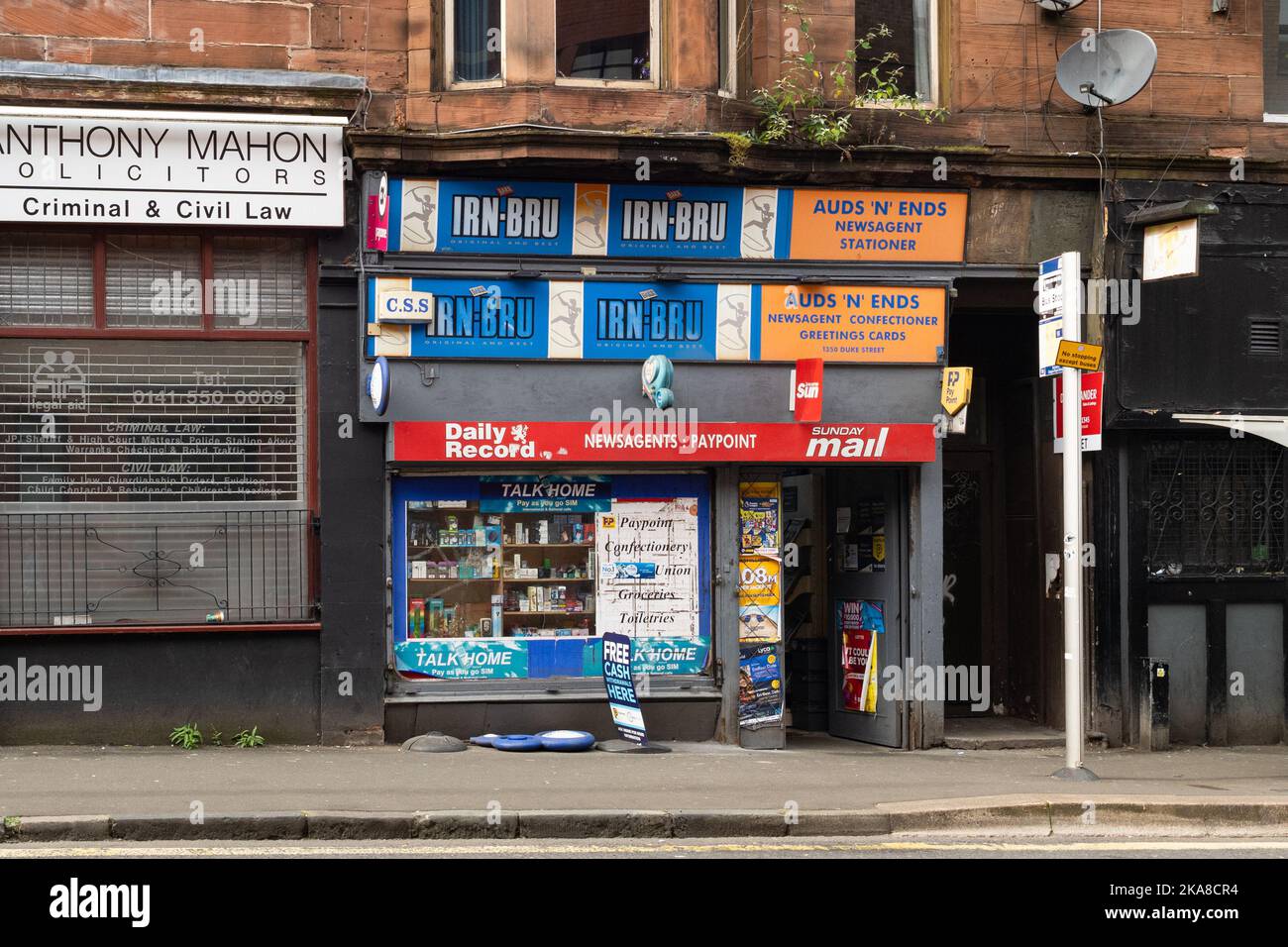 Newsagents shop 'Auds n Ends' with Irn Bru sign, 1350 Duke Street, Parkhead, Glasgow, Scotland, UK Stock Photo