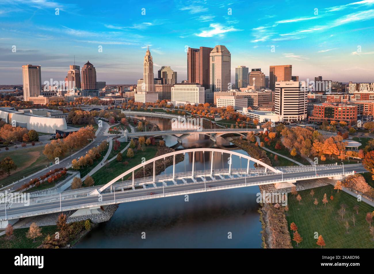 Aerial photo of the Columbus, Ohio skyline and the Scioto River. Stock Photo